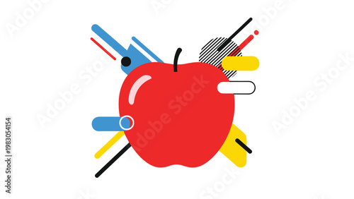 Abstract and artistic representation of a red apple surrounded by colorful geometric shapes and lines for modern kitchen or healthy eating design.