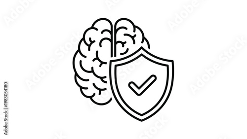 Mental health and cognitive protection icon featuring a brain outline next to a shield with a checkmark, symbolizing psychological safety and care.
