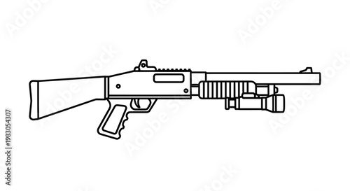 Line Art Illustration of a Tactical Shotgun with Tactical Light Attachment