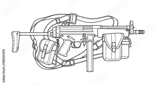 Line Art Illustration of a Submachine Gun with Magazine and Sling