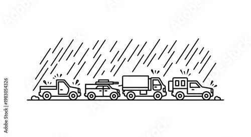 Line Art Illustration of Cars in Heavy Rain and Traffic Jam