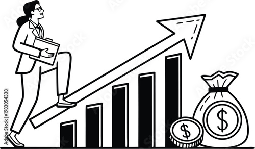 A businesswoman ascends a growth chart symbolizing success and financial gains high-quality professional detailed modern elegant stylish clean crisp minimal flat vector illustration