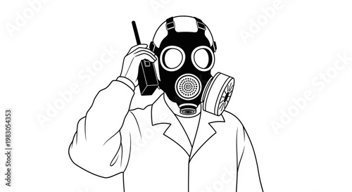 Man in gas mask talking on walkie-talkie, safety, communication, hazard