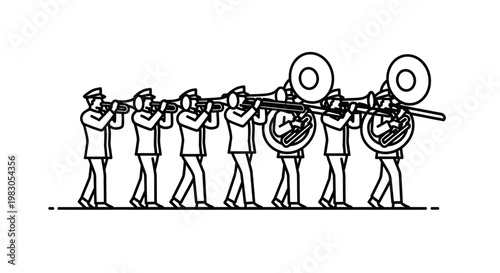 Marching Band Musicians Playing Brass Instruments in Uniforms
