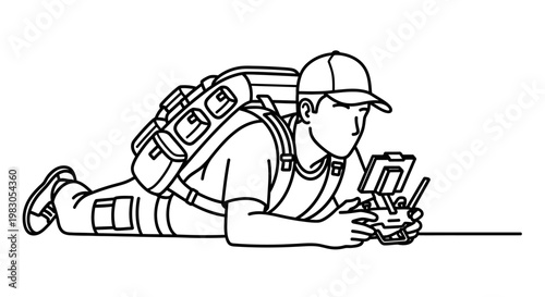 Man with backpack operating drone controller, lying down, focused on screen