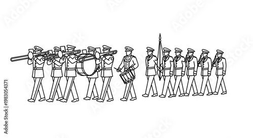 Marching Band Parade with Brass Instruments, Drums, and Flag Bearer - Line Art