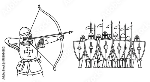 Medieval Archer Aiming Bow at Shield Wall Formation