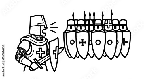 Medieval Knight Leading Army Formation with Shields and Swords, Historical Battle Scene