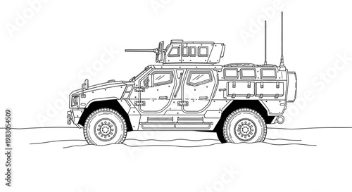 Military Armored Vehicle with Machine Gun Turret - Line Art Illustration