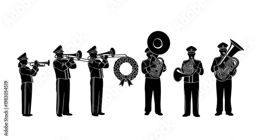 Military Band Marching with Tuba, Trumpet, Trombones, and Wreath
