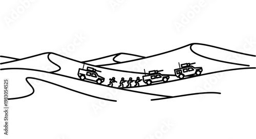 Military convoy in desert, soldiers walking beside vehicles, arid landscape, sand dunes