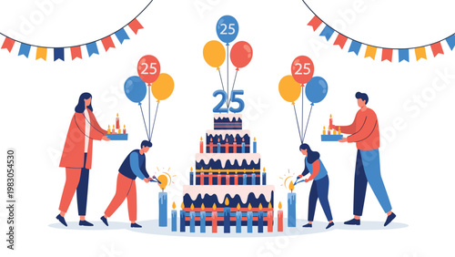 Celebration illustration for a twenty-fifth anniversary featuring a massive tiered cake, colorful balloons, and people lighting birthday candles.