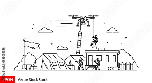 Military Drone Delivering Supplies to Soldiers at Base Camp with Tents and Building