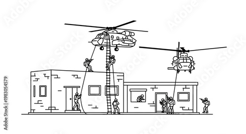Military Helicopter Rescue Operation: Soldiers Rappelling onto Building