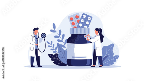 Healthcare and medication illustration showing medical staff working around a giant pill bottle and medicine blister packs for clinic advertising.