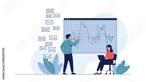 Business analytics and data communication illustration showing professionals working with complex line graphs and a stream of digital email icons.