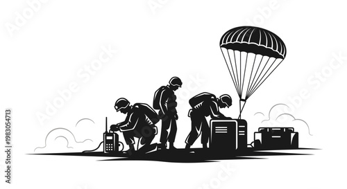 Military Parachute Drop, Soldiers Unpacking Supplies and Using Radio