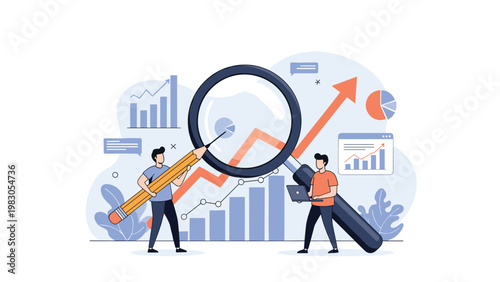 Business professionals conduct thorough data analysis using magnifying glass and chart tools to track corporate financial performance.