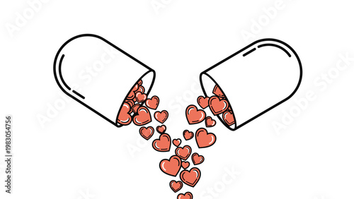 Medical capsule opened to reveal many small red hearts symbolizing love, health, wellness, and pharmaceutical care for patients.