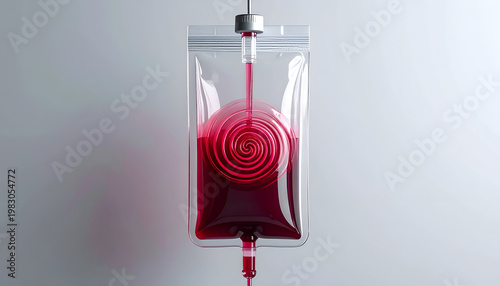 Blood bag with red liquid spiral.