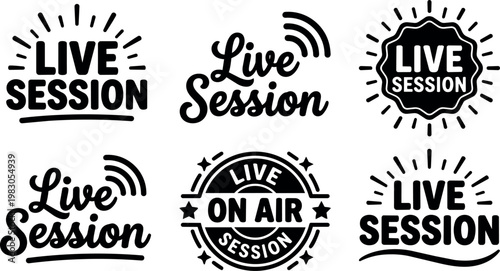 Black and white live session icons with script and bold lettering styles