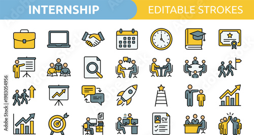 Internship program infographic with editable strokes and business icons, flat design vector illustration