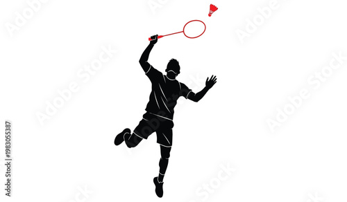 A dynamic depiction of a badminton player in mid swing preparing to strike the shuttlecock with force a striking silhouette high quality professional detailed