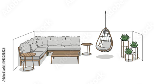 Isometric rendering of a contemporary outdoor lounge, featuring a stylish L-shaped sectional sofa, a coffee table, several round side tables, a cozy hanging chair, and potted plants.