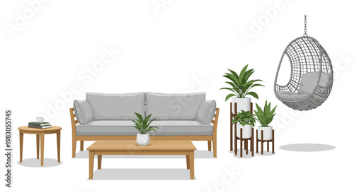 Minimalist outdoor lounge set, featuring a contemporary sofa, a wooden coffee table, a round side table, stylish plant stands with potted greens, and a comfy hanging chair.