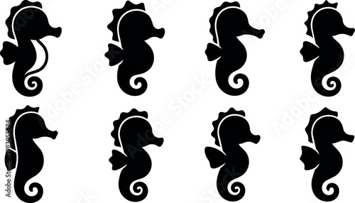 Black and white silhouettes of seahorse marine animals in different shapes
