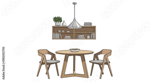 Modern dining nook design, featuring a round wooden table, two stylish chairs, a wall-mounted storage cabinet, and an elegant pendant lamp illuminating the space.