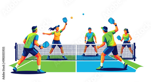 Active people playing pickleball on court, sports recreation, summer fun, illustration