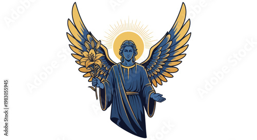 Angel with Lily Flower and Wings, Halo, Divine Messenger, Spiritual Art