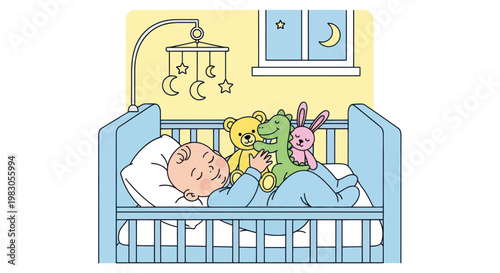 Baby sleeping peacefully in crib with plush toys and mobile, night scene