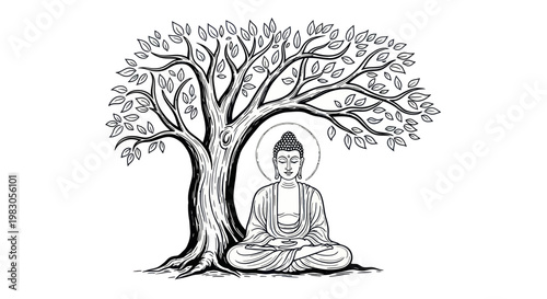 Buddha meditating under a Bodhi tree, enlightenment, peace, spirituality, Buddhism