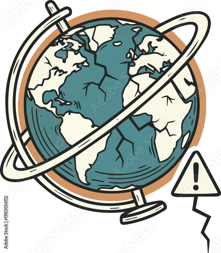 Cracked Globe Illustration with Warning Sign, Global Crisis and Environmental Awareness Concept, Hand Drawn Vector Art for Climate Change and Geopolitical Issues