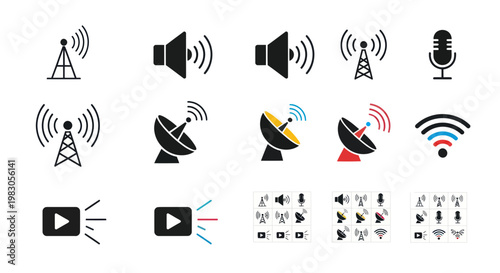 Communication Icons Set: Broadcast, Wi-Fi, Sound, Satellite, Microphone, Play Button