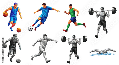 Diverse Athletes Performing Sports Activities - Basketball, Soccer, Running, Weightlifting, Swimming