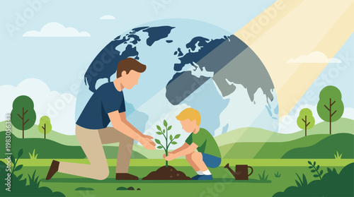 This flat design illustration shows an adult and a child collaboratively planting a sapling, symbolizing the importance of environmental action for future generations.