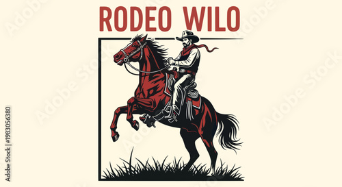 Rodeo Cowboy Riding Bucking Horse in Western Style Illustration