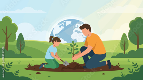 This flat design illustration shows an adult and a child collaboratively planting a sapling, symbolizing the importance of environmental action for future generations.