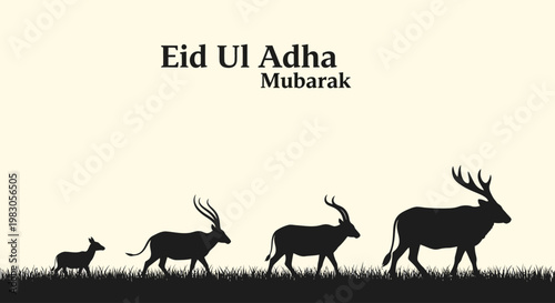 A serene silhouette illustration of horned creatures in a procession on a grassy landscape, embodying the festive spirit of an important Islamic holiday
