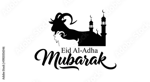 Elegant Eid al-Adha Mubarak Greeting Card Design with Stylized Goat and Mosque Silhouettes, Perfect for Islamic Holiday Celebrations