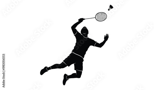 A dynamic image depicts a badminton player in mid swing preparing to strike a shuttlecock presented as a striking silhouette high quality professional detailed