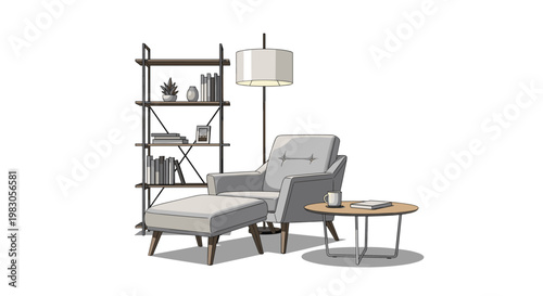 Stylish reading nook, featuring a modern grey armchair with matching ottoman, a round side table, a contemporary floor lamp, and an open metal bookshelf.