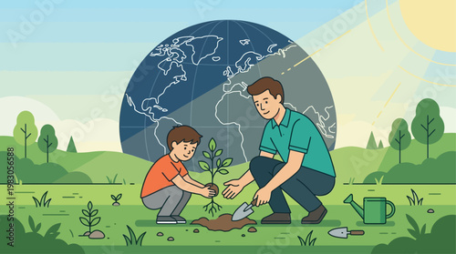 This flat design illustration shows an adult and a child collaboratively planting a sapling, symbolizing the importance of environmental action for future generations.