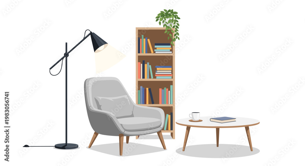 Fototapeta premium Cozy and inviting reading nook, featuring a comfortable grey armchair, a round wooden coffee table, an arched floor lamp, and a tall bookshelf filled with books and plants.