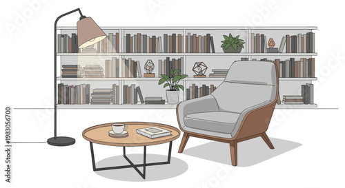 Sophisticated reading corner, presenting a comfortable grey armchair, a round wooden coffee table, a stylish floor lamp, and a wide bookshelf filled with books and plants.