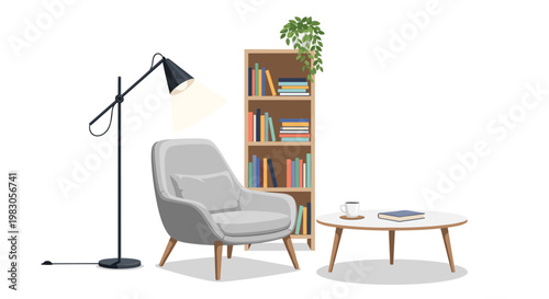 Cozy and inviting reading nook, featuring a comfortable grey armchair, a round wooden coffee table, an arched floor lamp, and a tall bookshelf filled with books and plants.