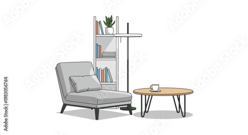 Minimalist reading space, showcasing a sleek grey armchair, a round wooden coffee table, a modern floor lamp, and a slim bookshelf stocked with books and decor.